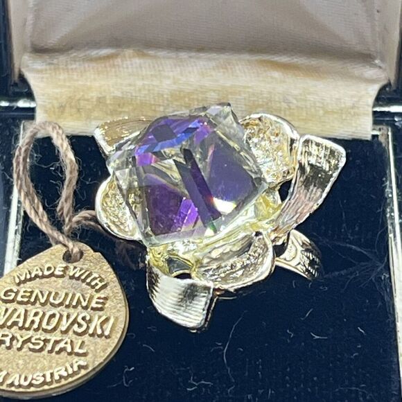Vintage Austrian Swarovski Crystal Adjustable Flower Ring Original Box Unmarked - Picture 5 of 12
